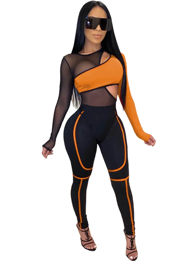 2 Piece Crop Tops Hollow Mesh Bodycon Jumpsuits Suits