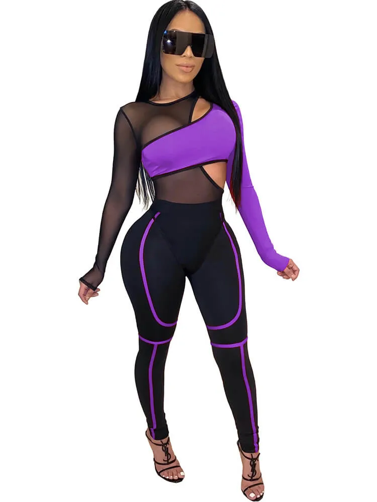 2 Piece Crop Tops Hollow Mesh Bodycon Jumpsuits Suits