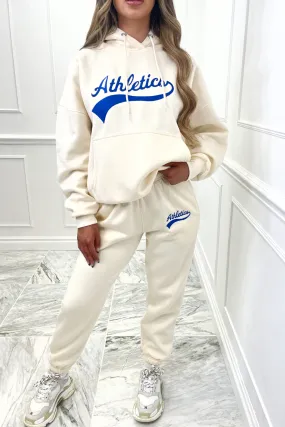 athletics blue embroidered ecru hooded loungewear set