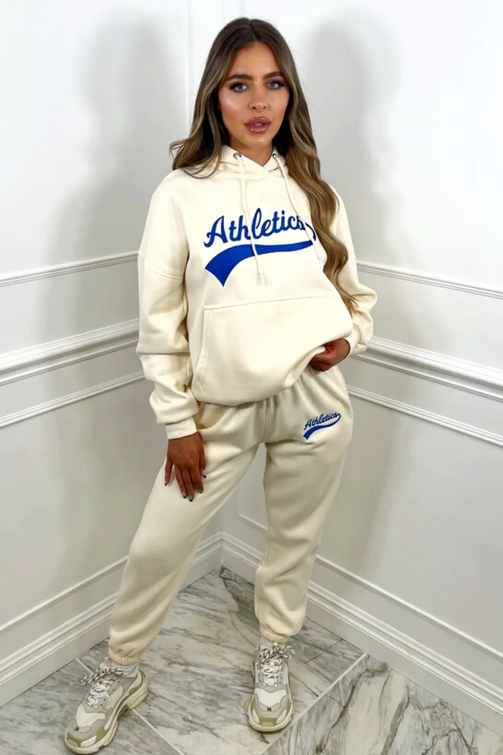 athletics blue embroidered ecru hooded loungewear set