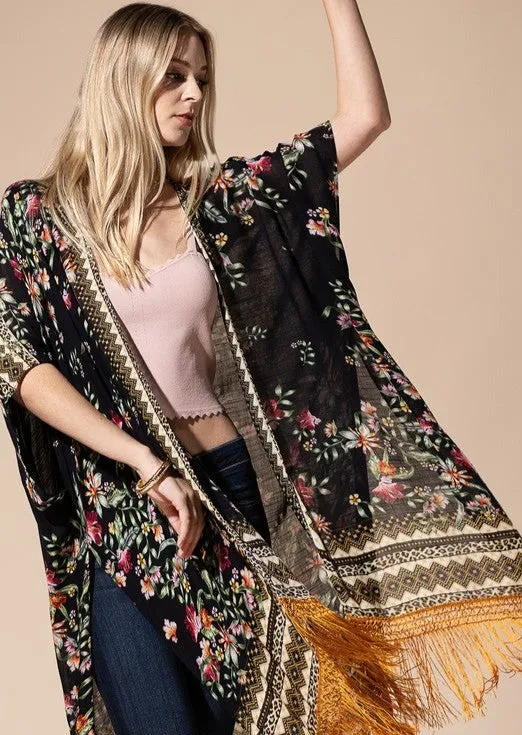 Back in Stock!! Bohemian Floral Print Fringe Kimono