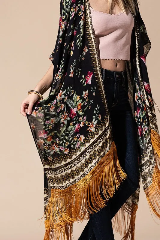 Back in Stock!! Bohemian Floral Print Fringe Kimono