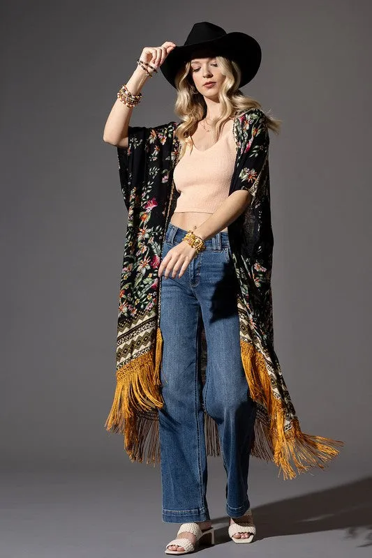 Back in Stock!! Bohemian Floral Print Fringe Kimono