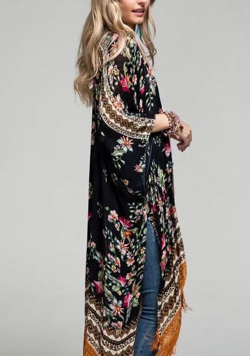 Back in Stock!! Bohemian Floral Print Fringe Kimono