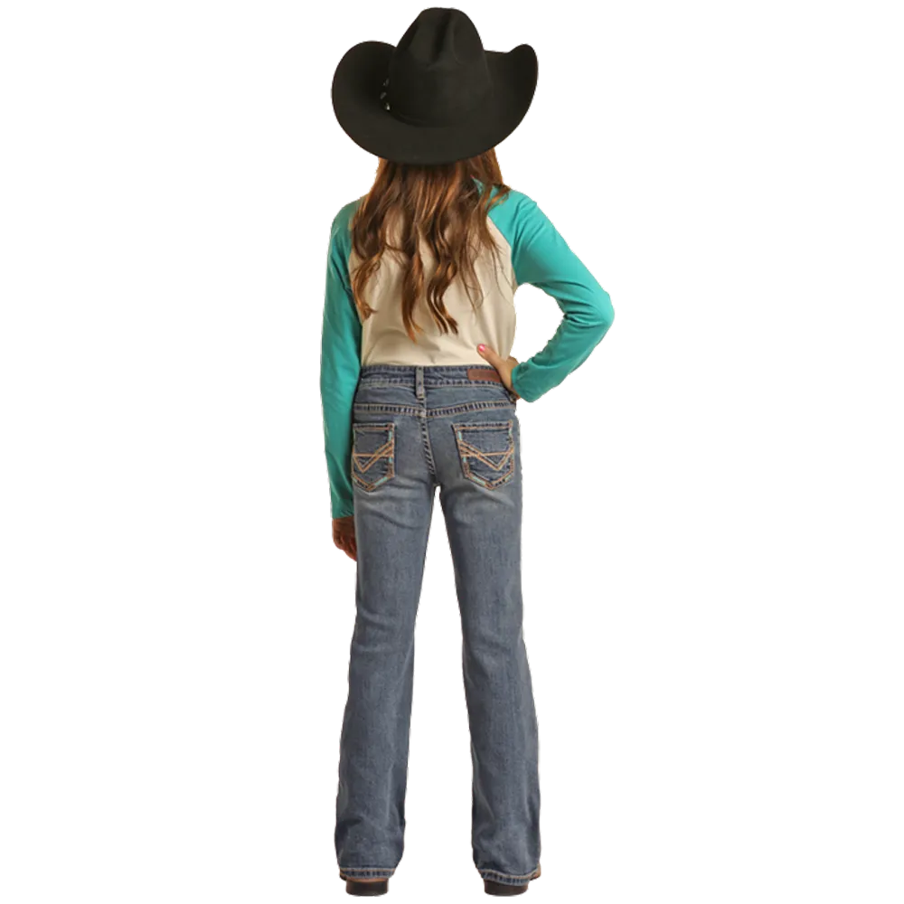 BG4MD02553 Rock & Roll Denim Girls Bootcut Mid Rise Jeans with Pedal Stitch Embroidery