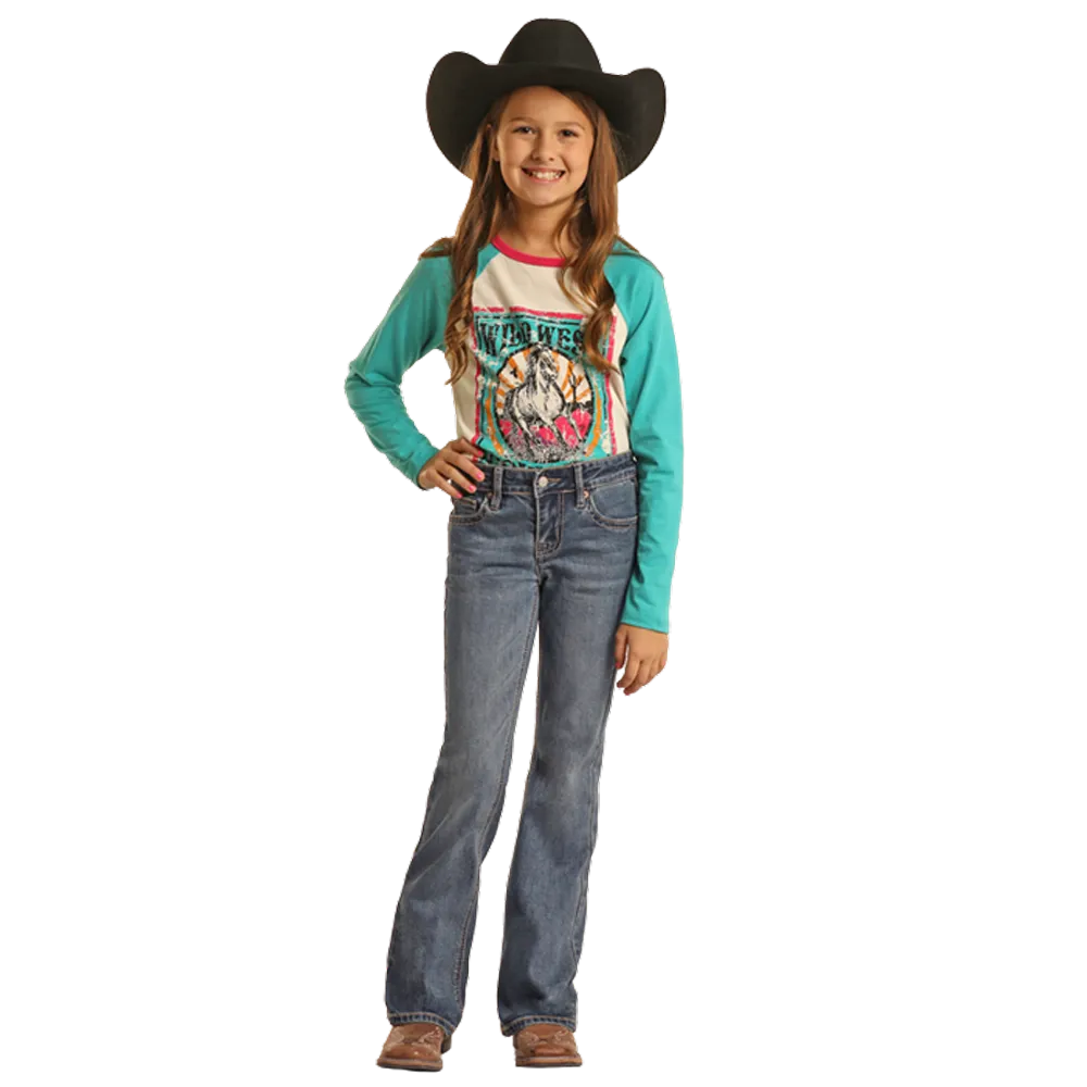 BG4MD02553 Rock & Roll Denim Girls Bootcut Mid Rise Jeans with Pedal Stitch Embroidery