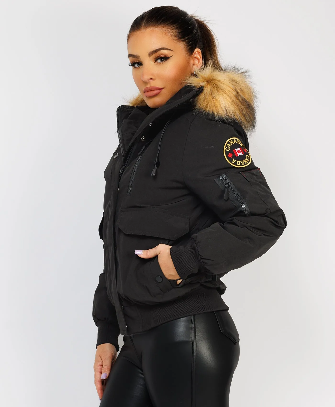 Black Canada Bomber Jacket With Fur Hood