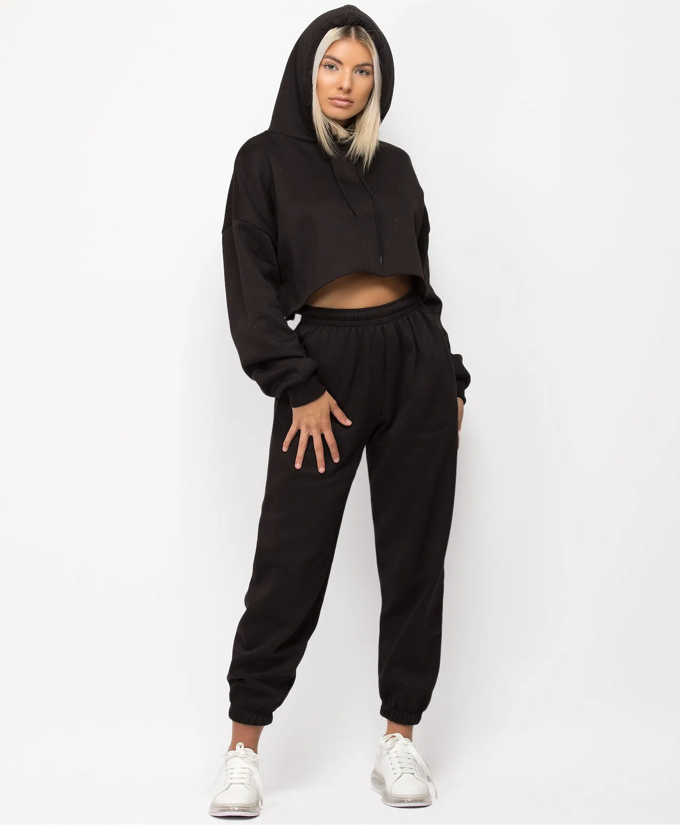 Black Oversized Cropped Hoodie & Joggers Loungewear Set