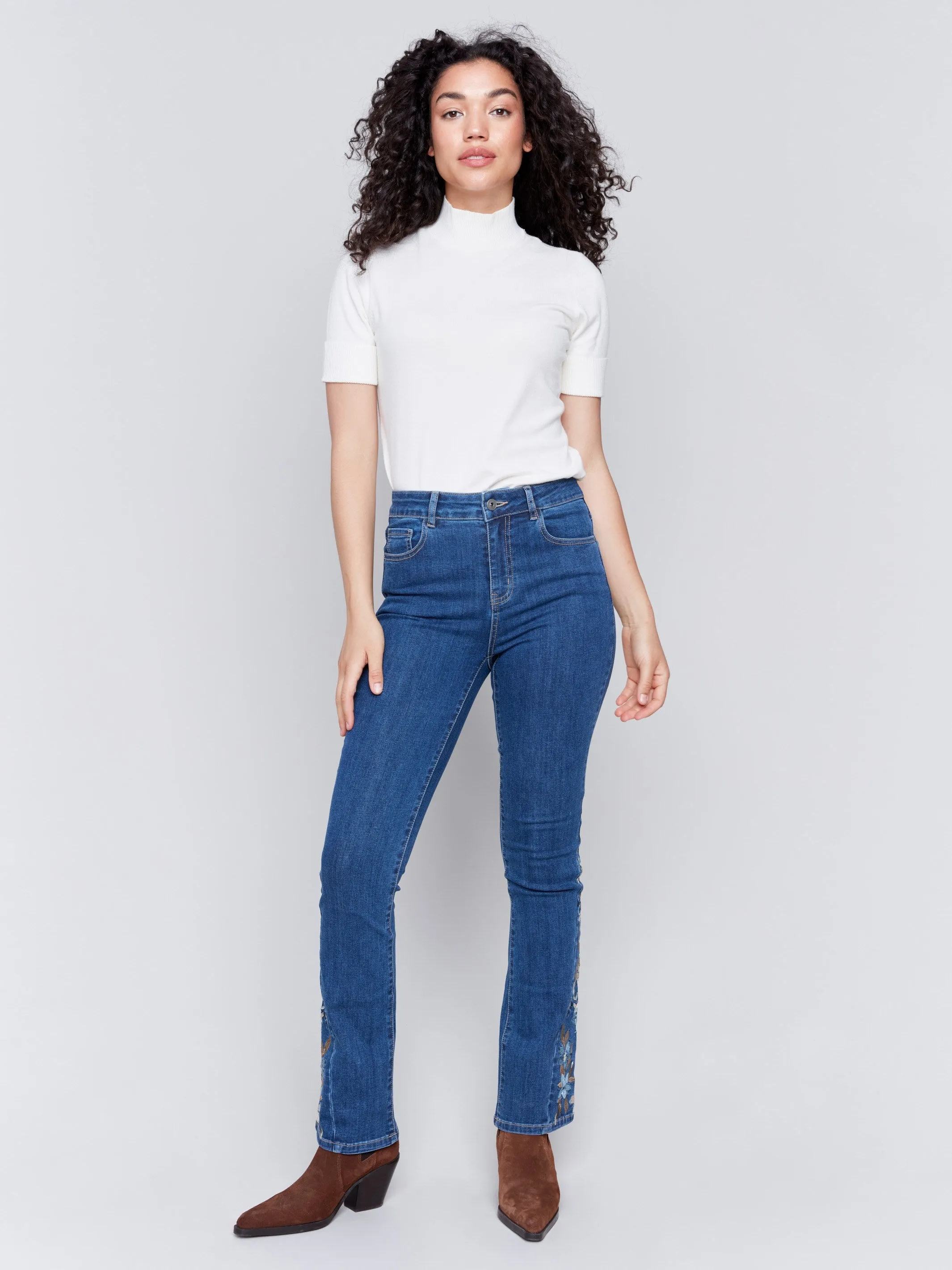 Bootcut Jeans with Floral Embroidery - Indigo