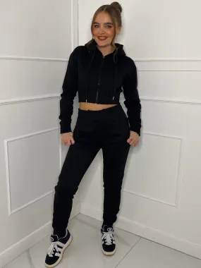 Cropped Hoodie Jogger Tracksuit - Black