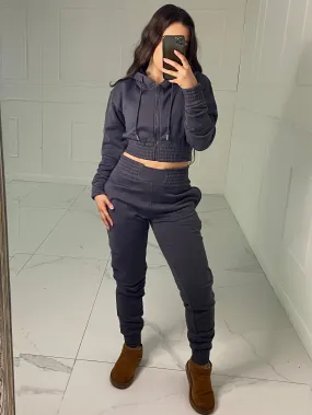 Cropped Hoodie Jogger Tracksuit - Charcoal Grey