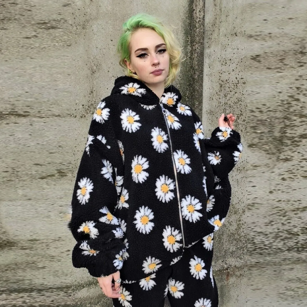 Daisy print fleece jacket handmade sunflower bomber black