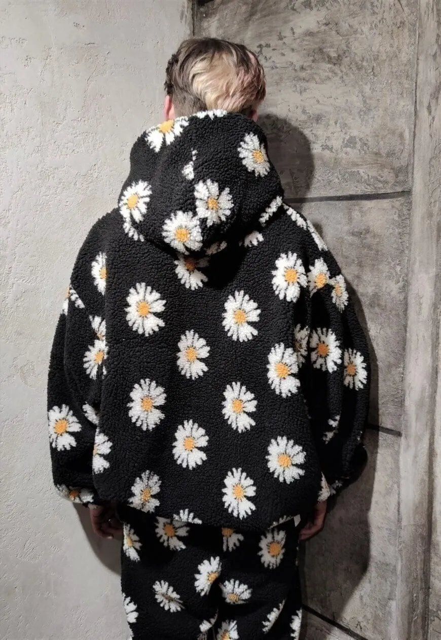 Daisy print fleece jacket handmade sunflower bomber black