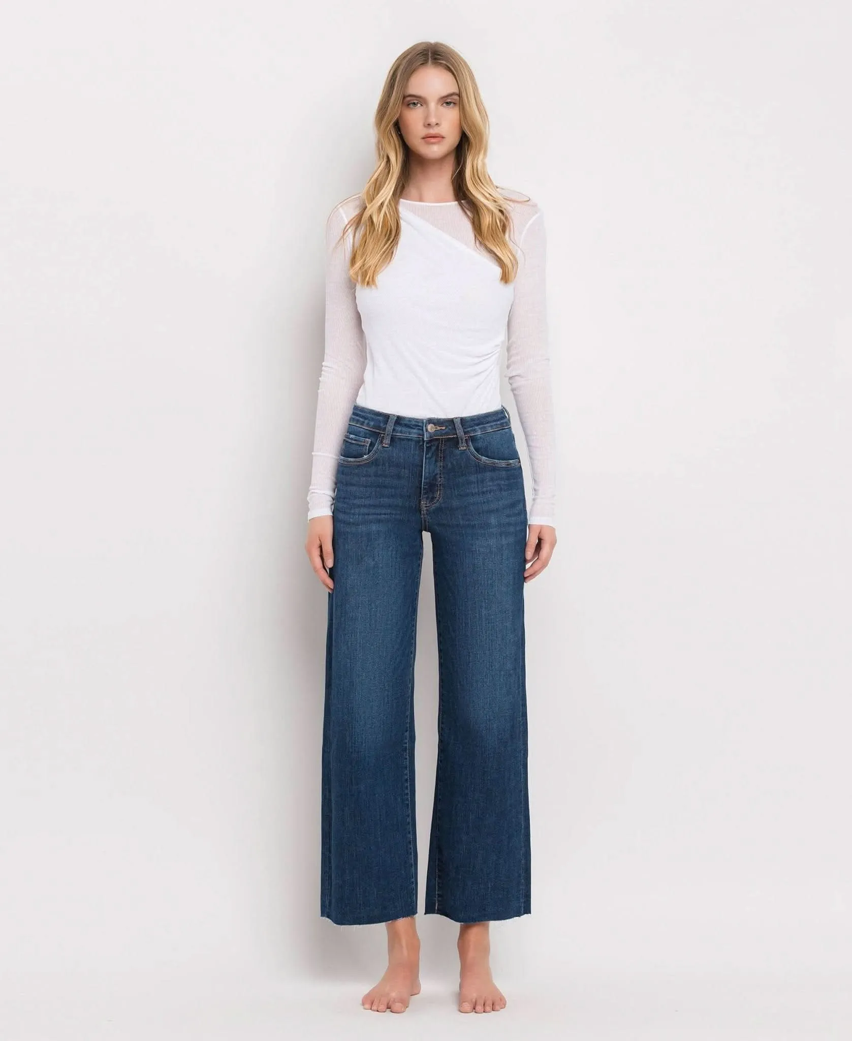 Dark Denim Tummy Control Mid Rise Wide Leg Jeans