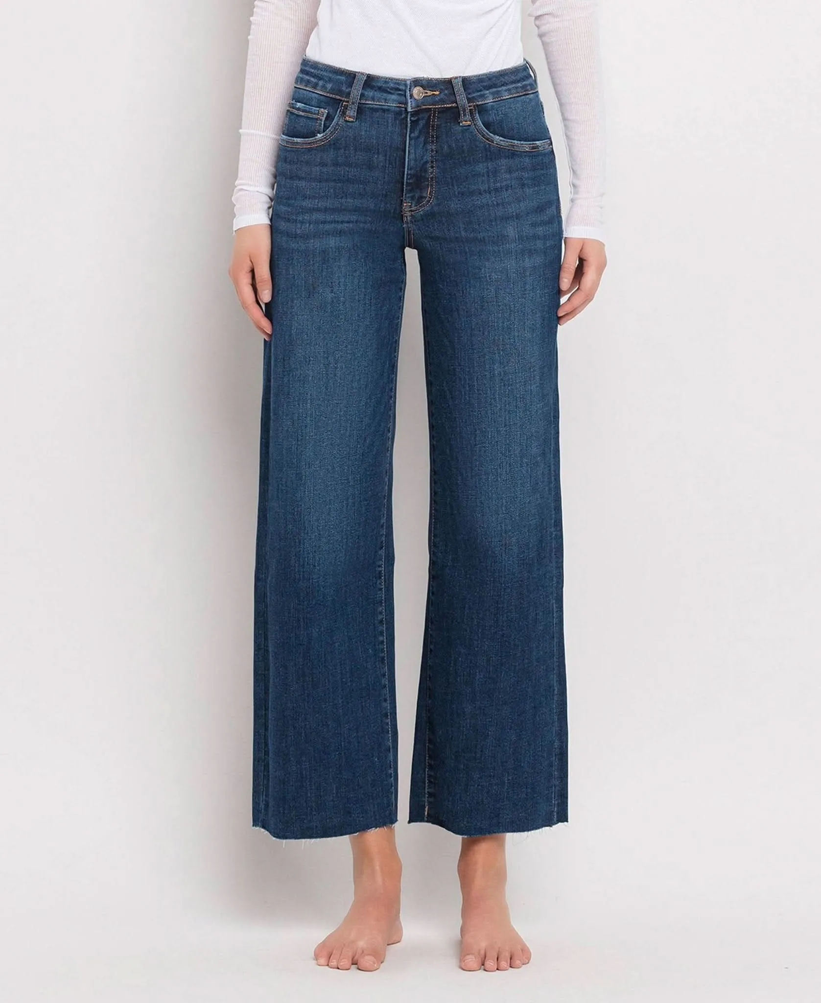 Dark Denim Tummy Control Mid Rise Wide Leg Jeans