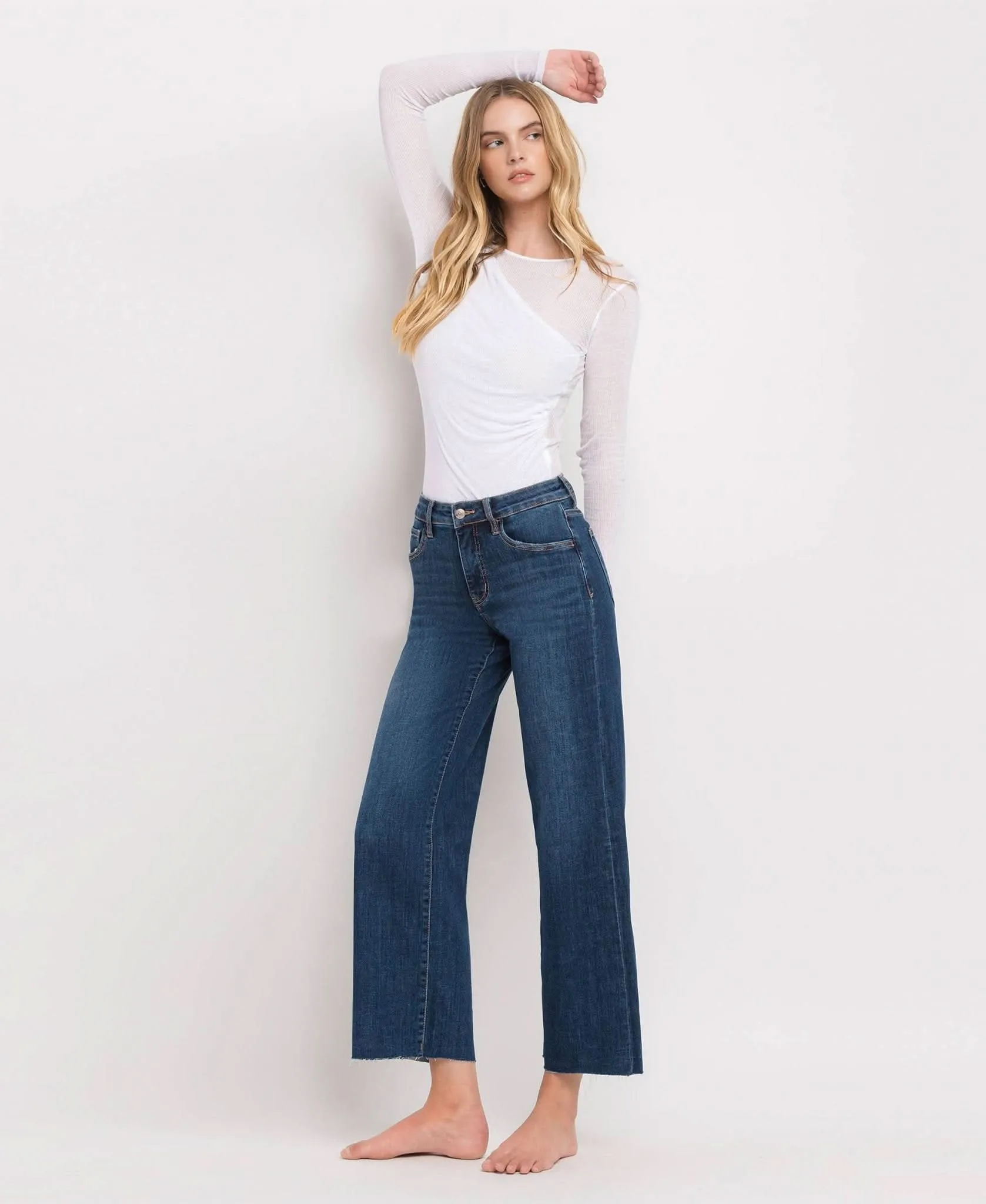 Dark Denim Tummy Control Mid Rise Wide Leg Jeans