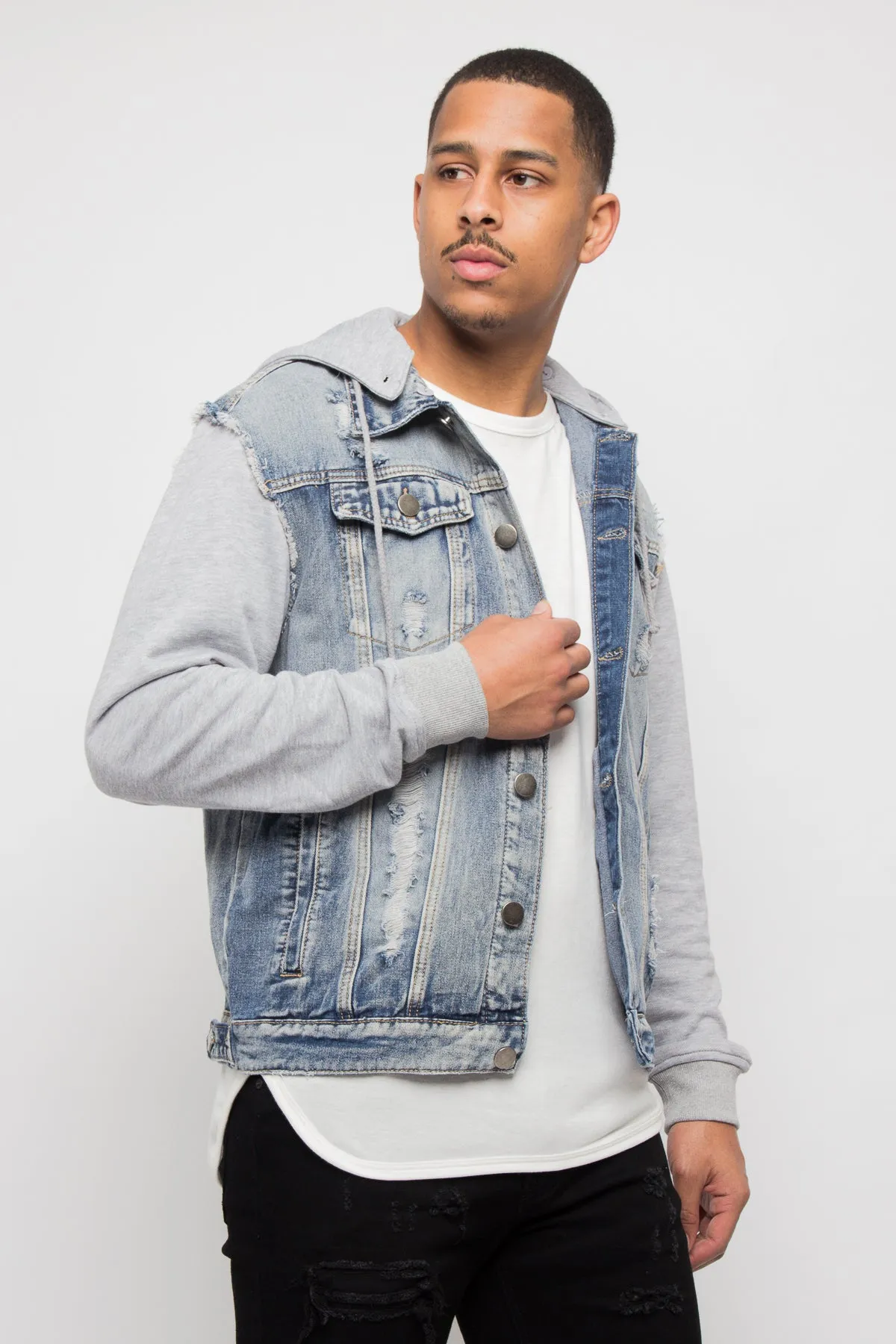 Fleece Denim Jacket with Hood