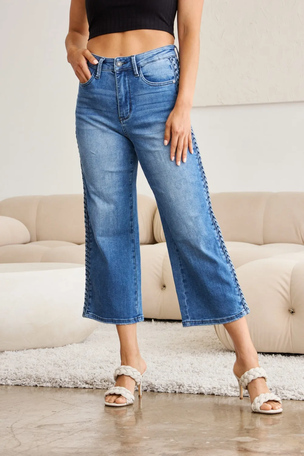 Full Size Braid Side Detail Wide Leg Jeans