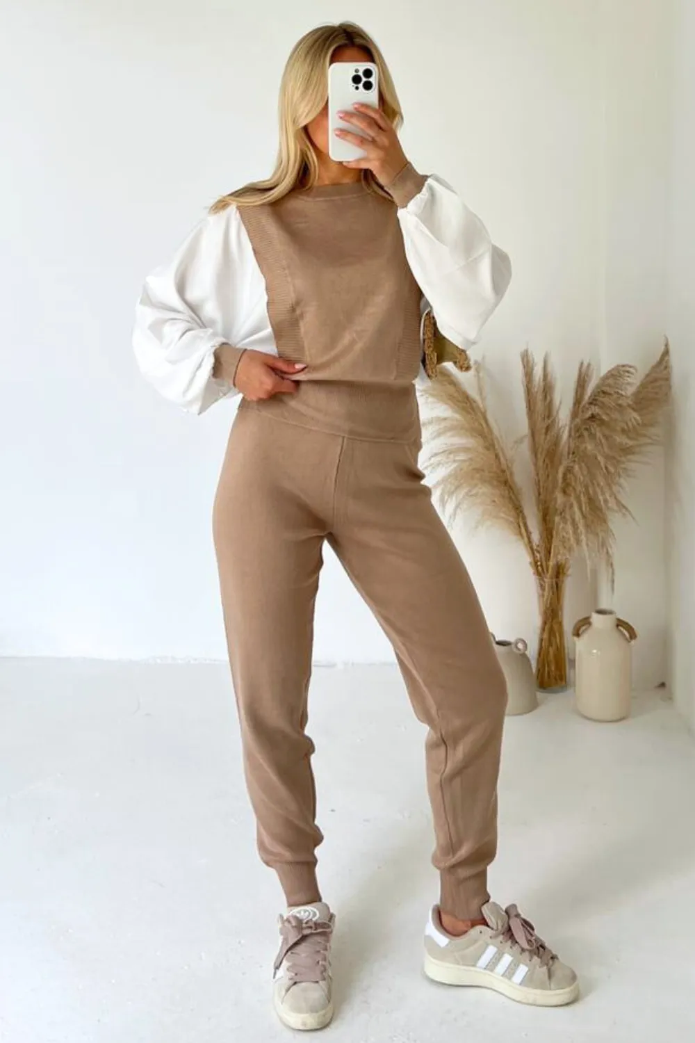 Georgia camel poplin sleeve knitted loungewear