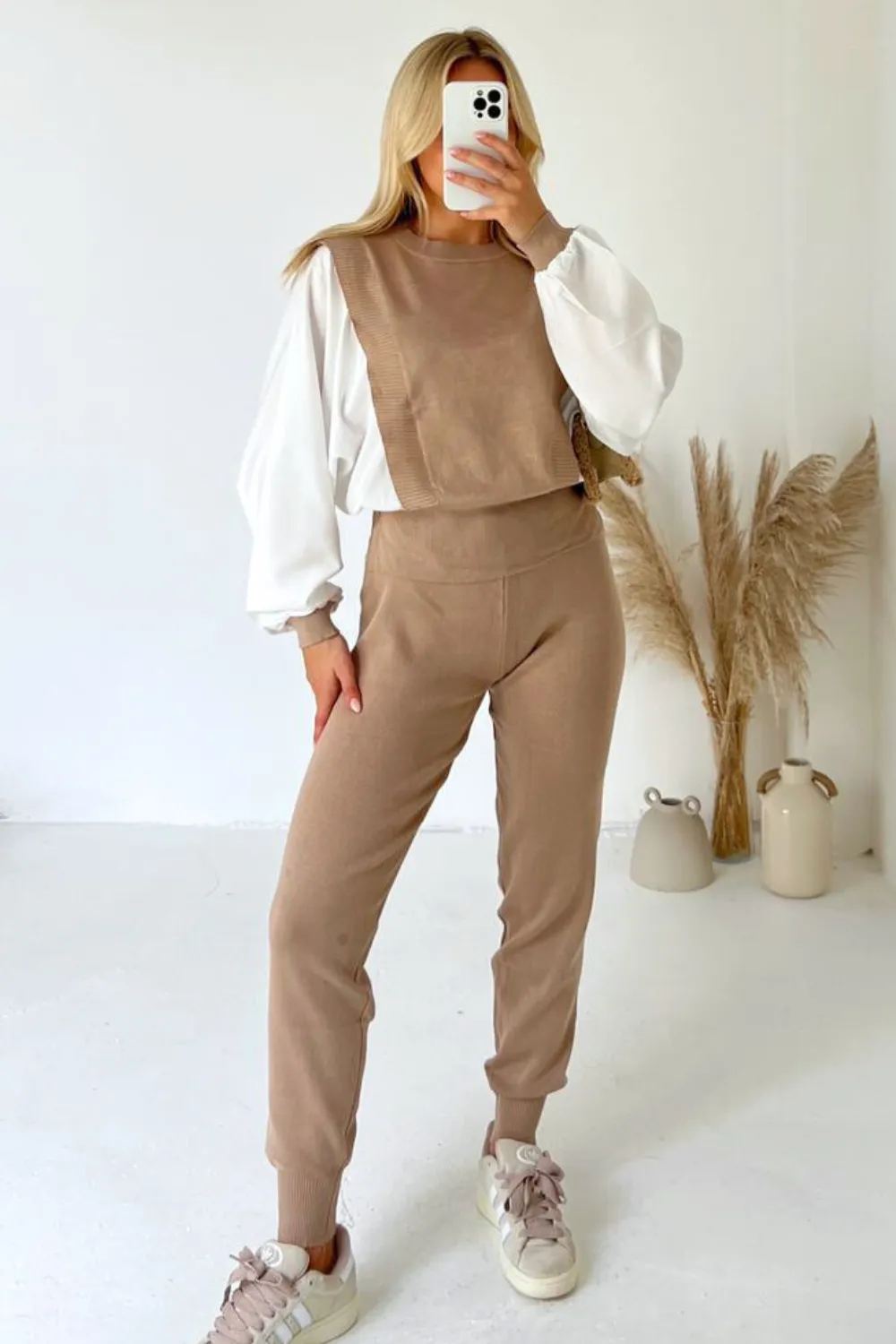 Georgia camel poplin sleeve knitted loungewear