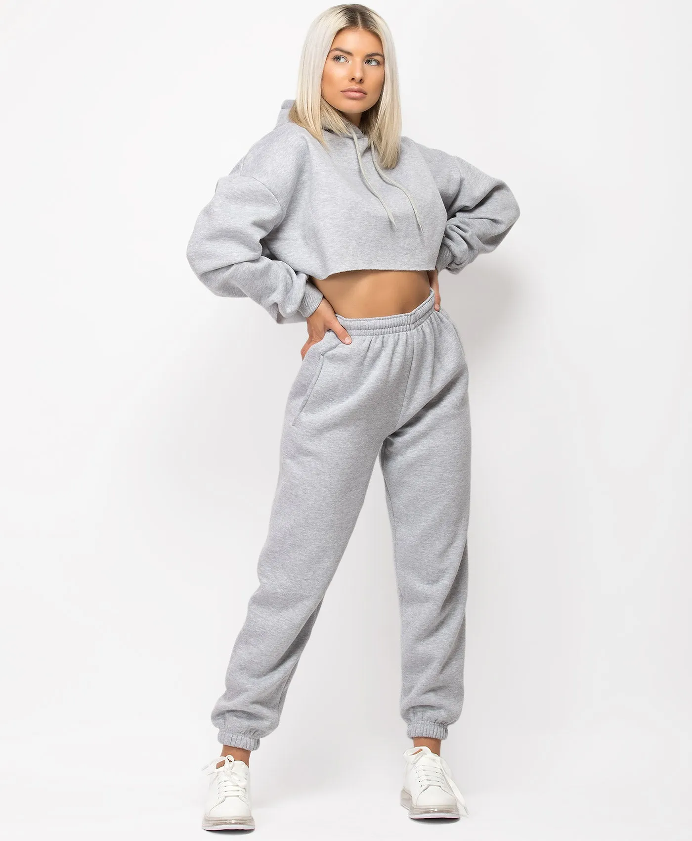 Grey Oversized Cropped Hoodie & Joggers Loungewear Set