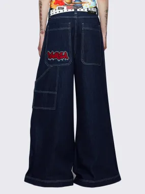 Indigo Side-Panel Wide Leg Jeans