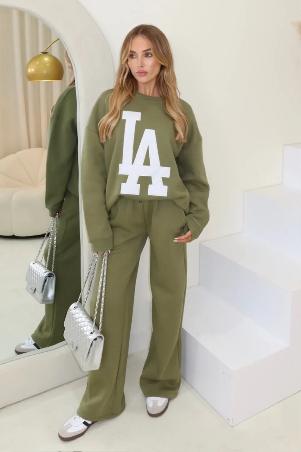 LA green sweater and straight leg jogger loungewear