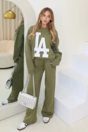 LA green sweater and straight leg jogger loungewear