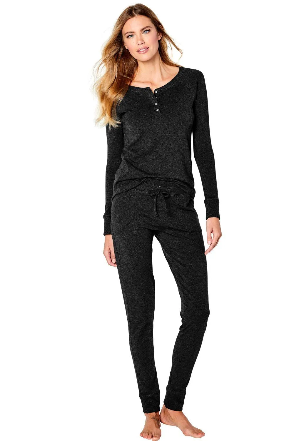 Long Sleeve Henley Loungewear Set - Basic Colors