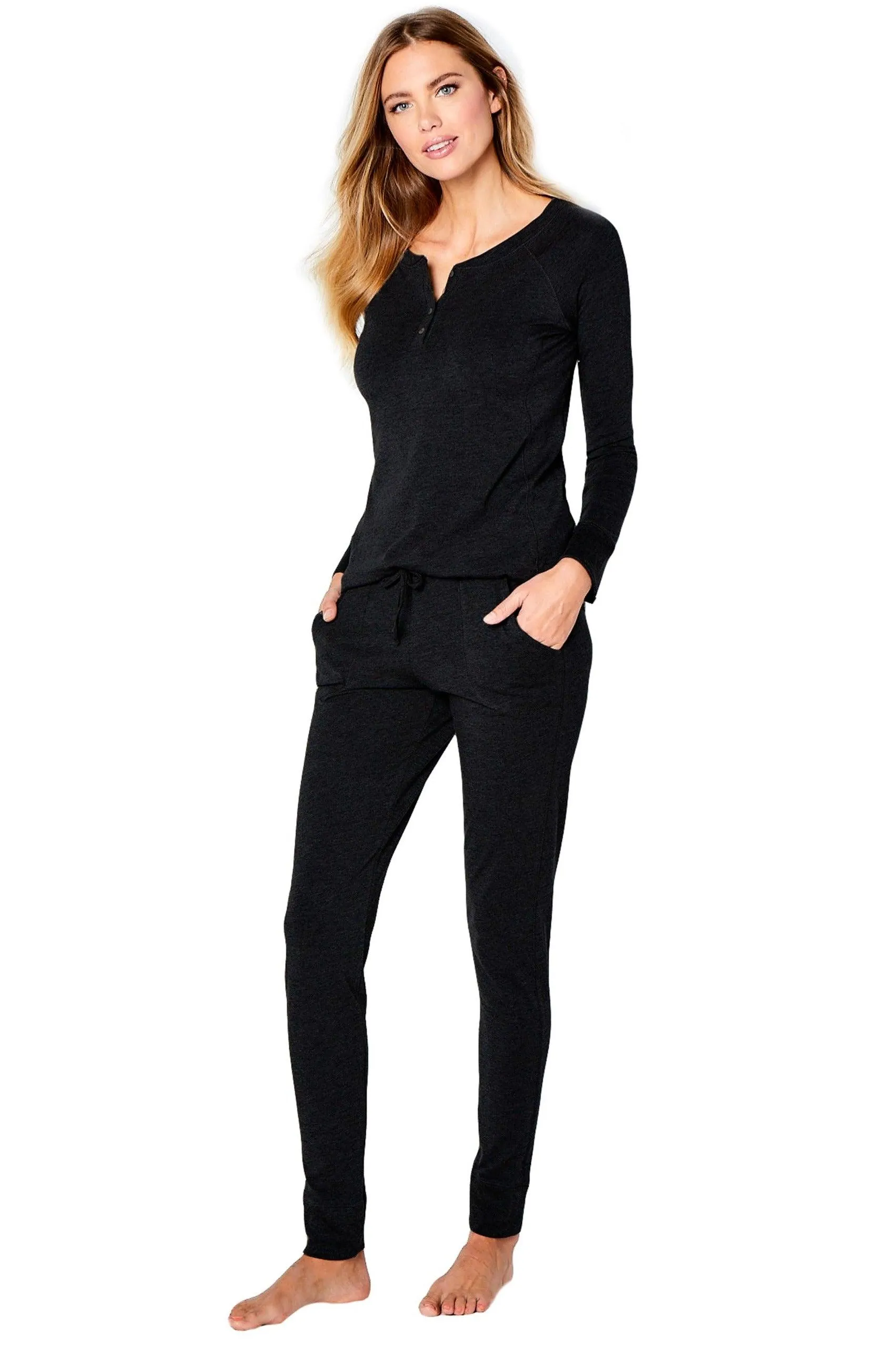 Long Sleeve Henley Loungewear Set - Basic Colors