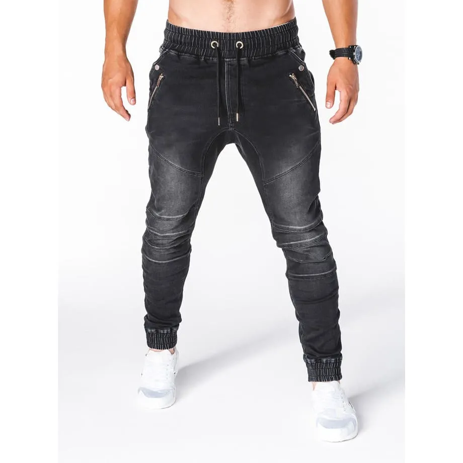 Men Washed Drawstring Waist Side Zip Pocket Skinny Jeans