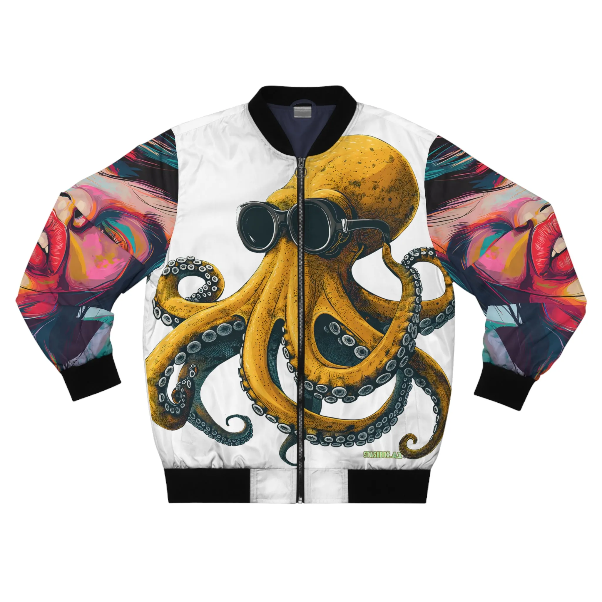 Men's Bomber Jacket (AOP) Drawn Yellow Octopus Wearing Goggles