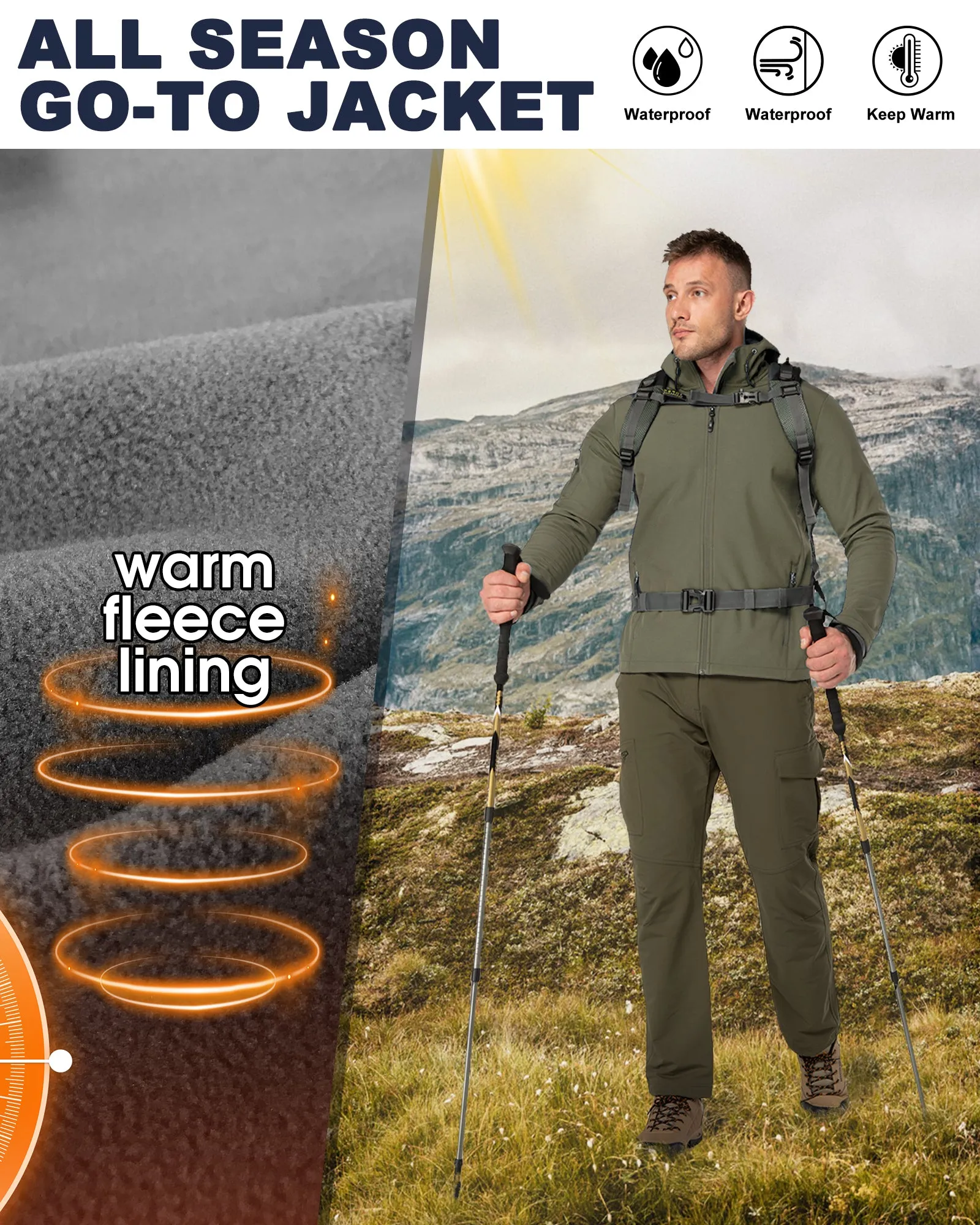 Men's Softshell Jacket Fleece Lined, Water Resistant Winter Warm Shell Jacket Coat Lightweight Outdoor Hiking