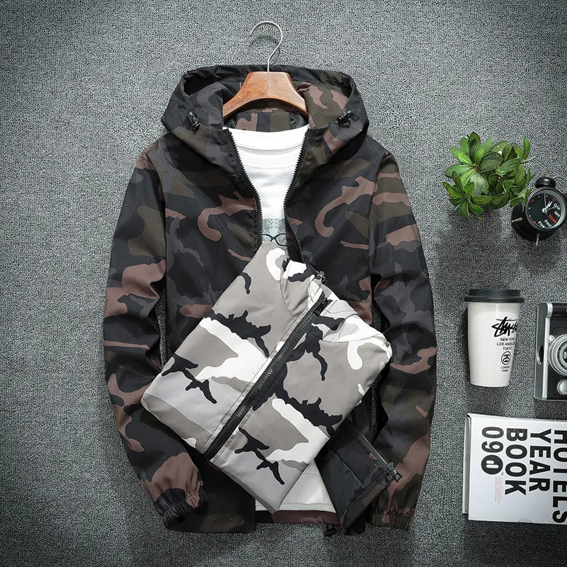 Men's Spring Waterproof Camouflage Hooded Windbreaker