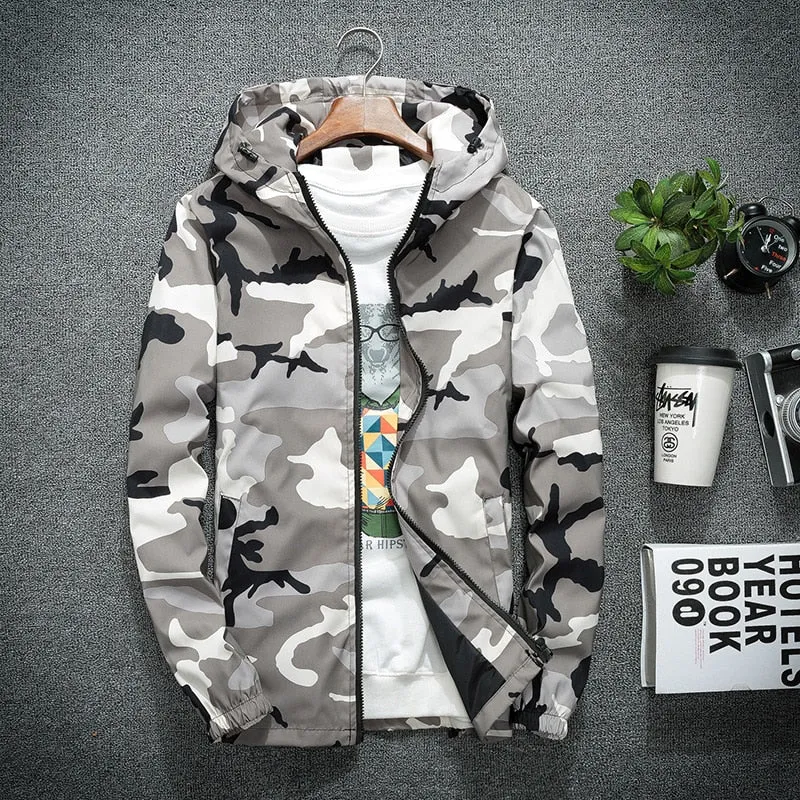 Men's Spring Waterproof Camouflage Hooded Windbreaker