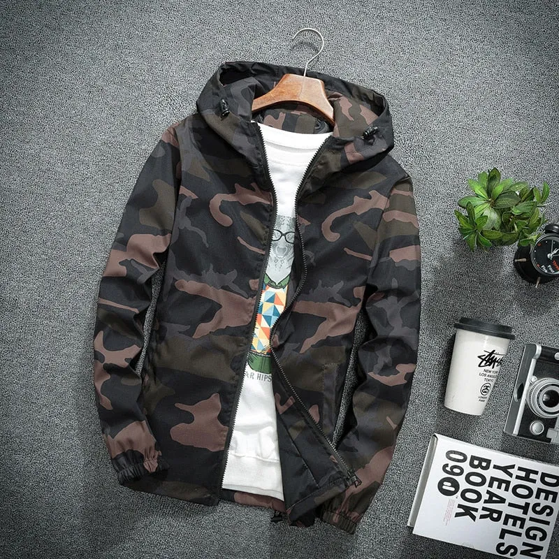 Men's Spring Waterproof Camouflage Hooded Windbreaker