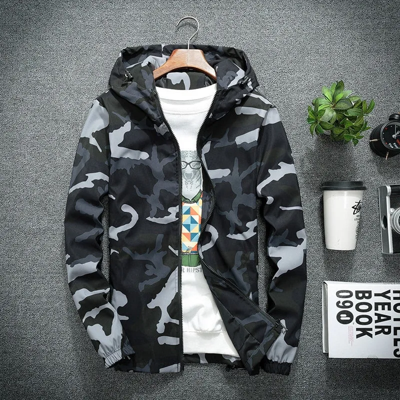 Men's Spring Waterproof Camouflage Hooded Windbreaker