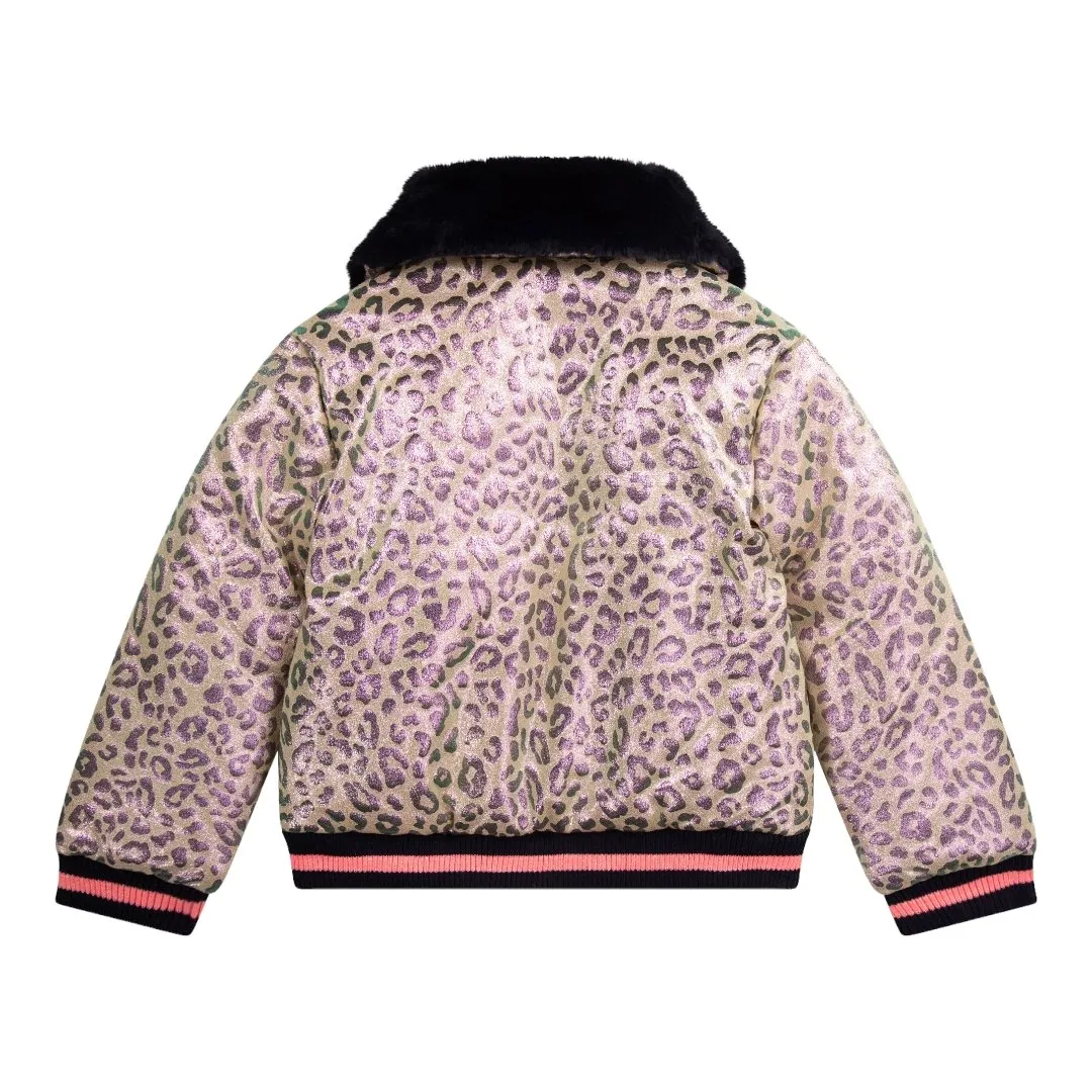 METALLIC LEOPARD FAUX LEATHER JACKET W/ FAUX FUR TRIM