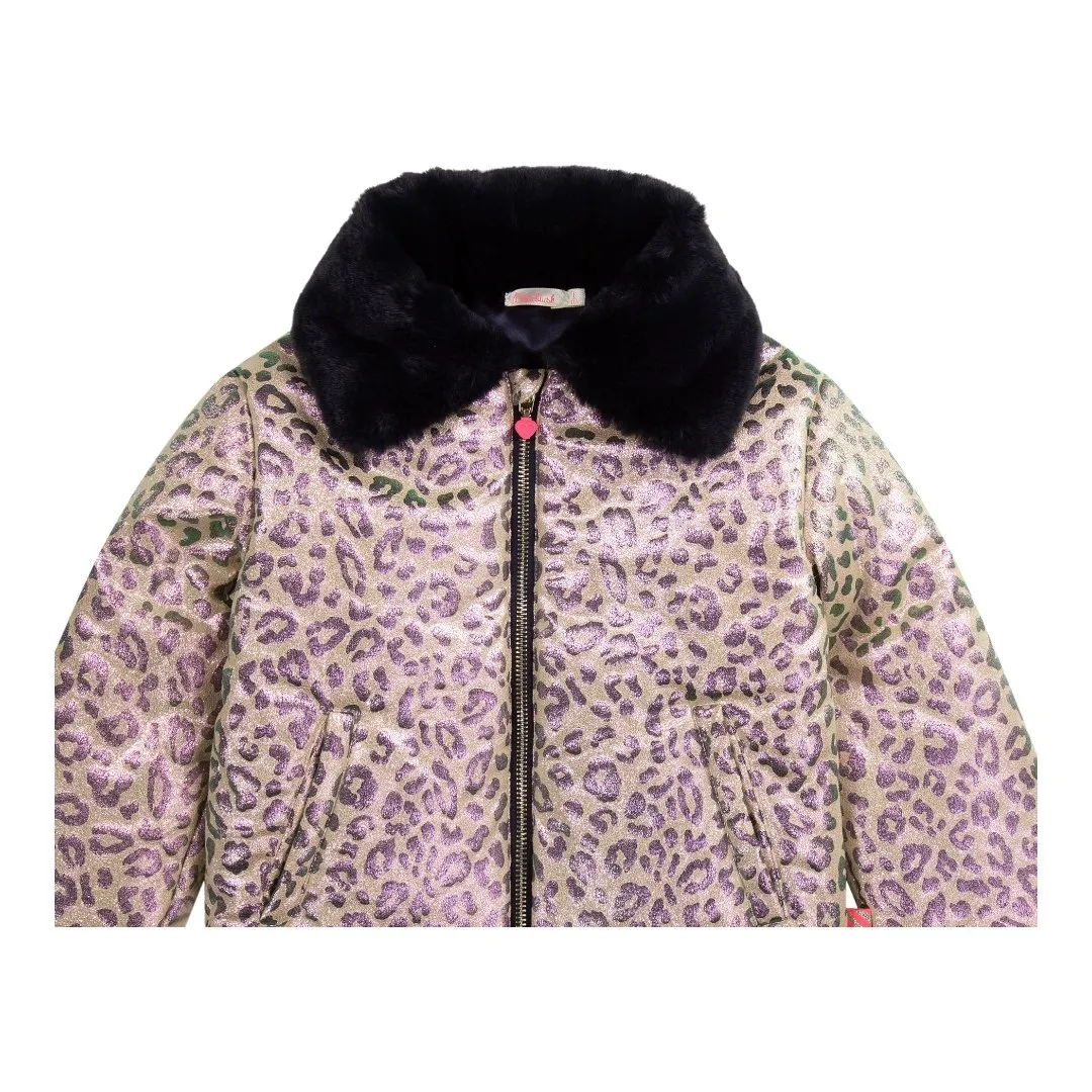 METALLIC LEOPARD FAUX LEATHER JACKET W/ FAUX FUR TRIM