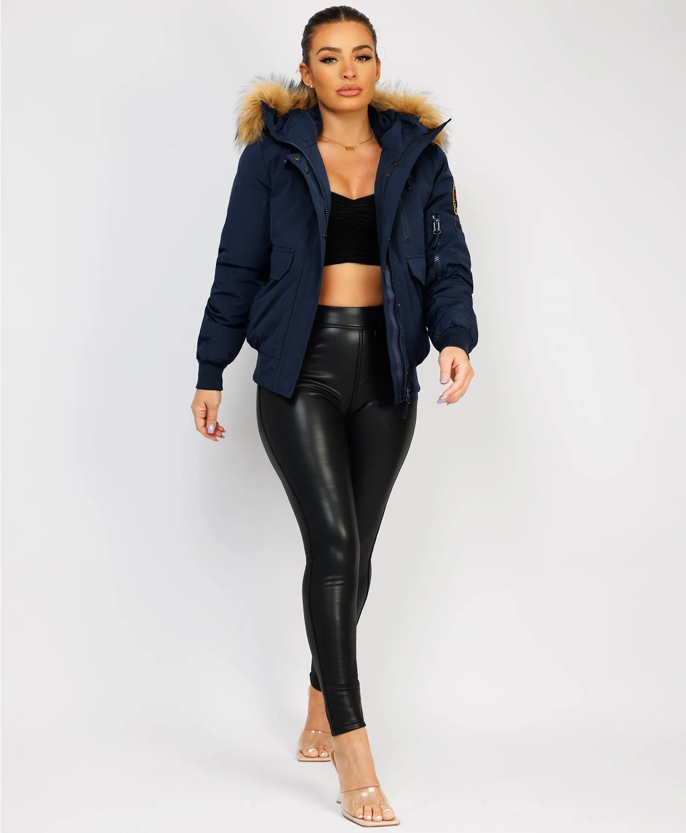 Navy Canada Bomber Jacket With Fur Hood