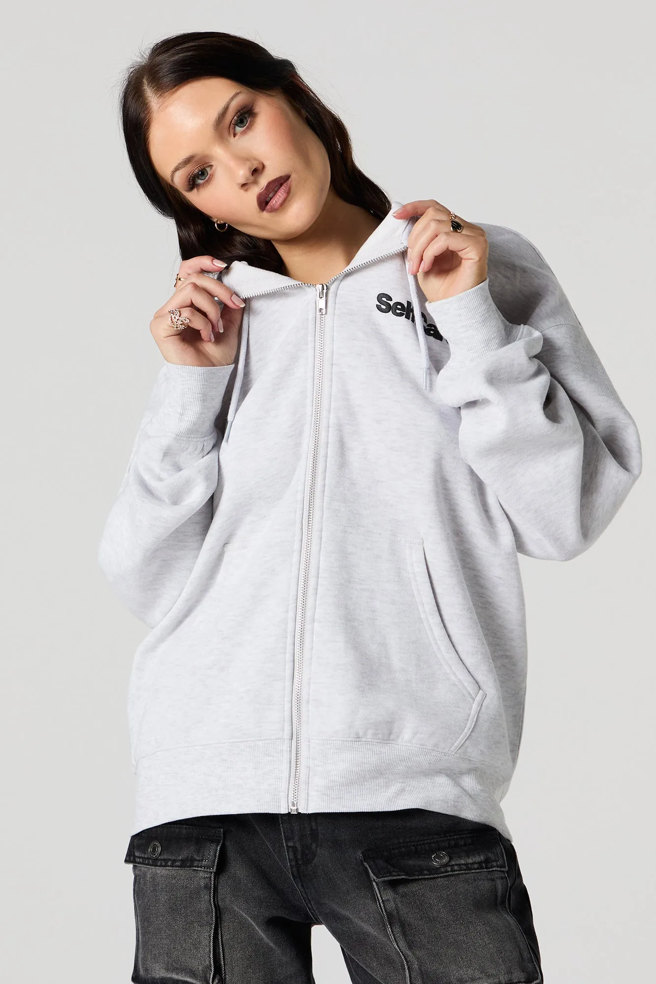 Oversized Puff Print Graphic Zip-Up Fleece Hoodie