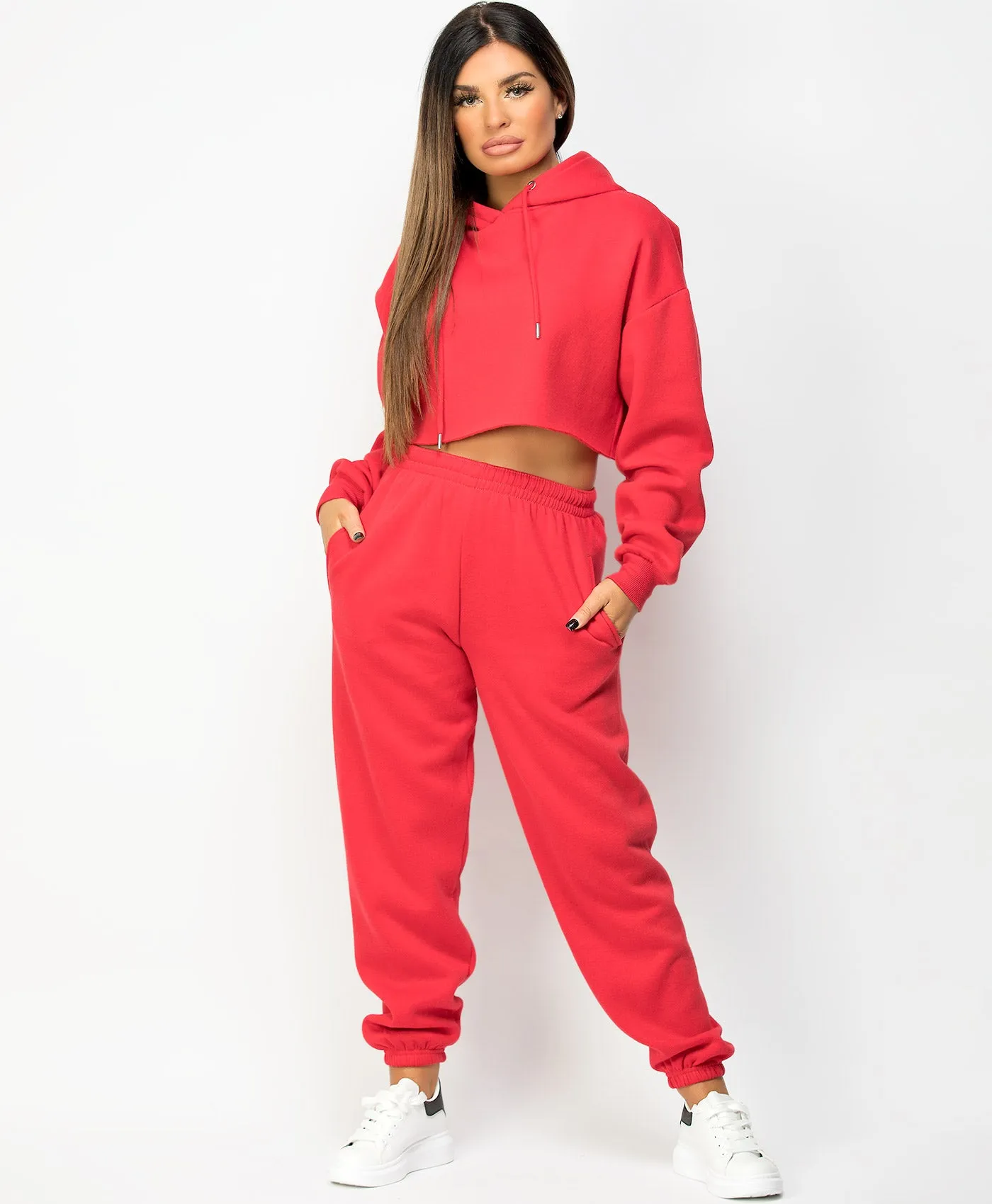 Red Oversized Cropped Hoodie & Joggers Loungewear Set