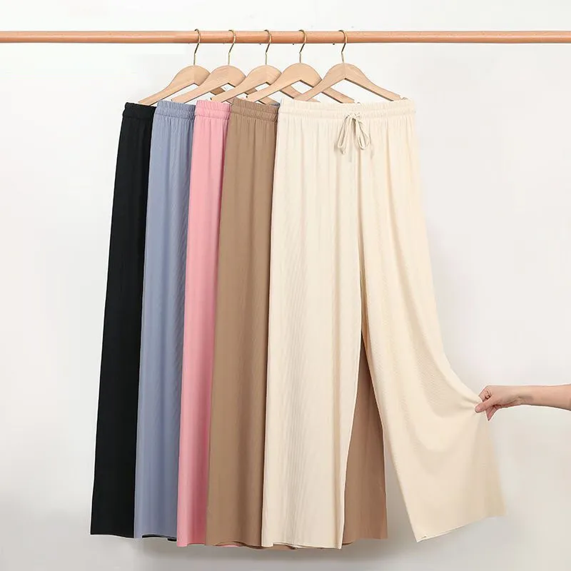 Sheer Straight Cut Wide Leg Pants with Elastic Waist Band