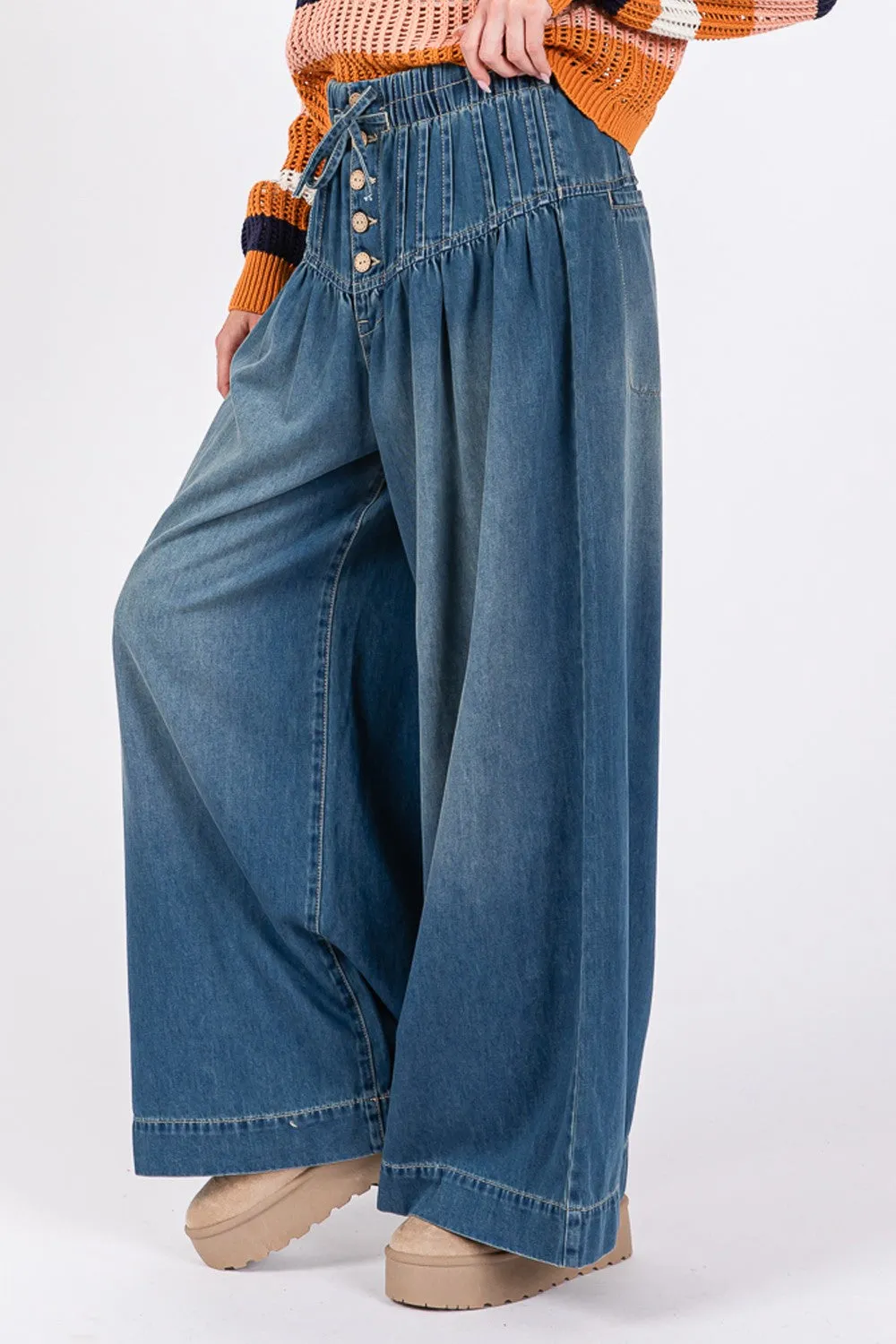 Smocked Waist Band Wide Leg Jeans