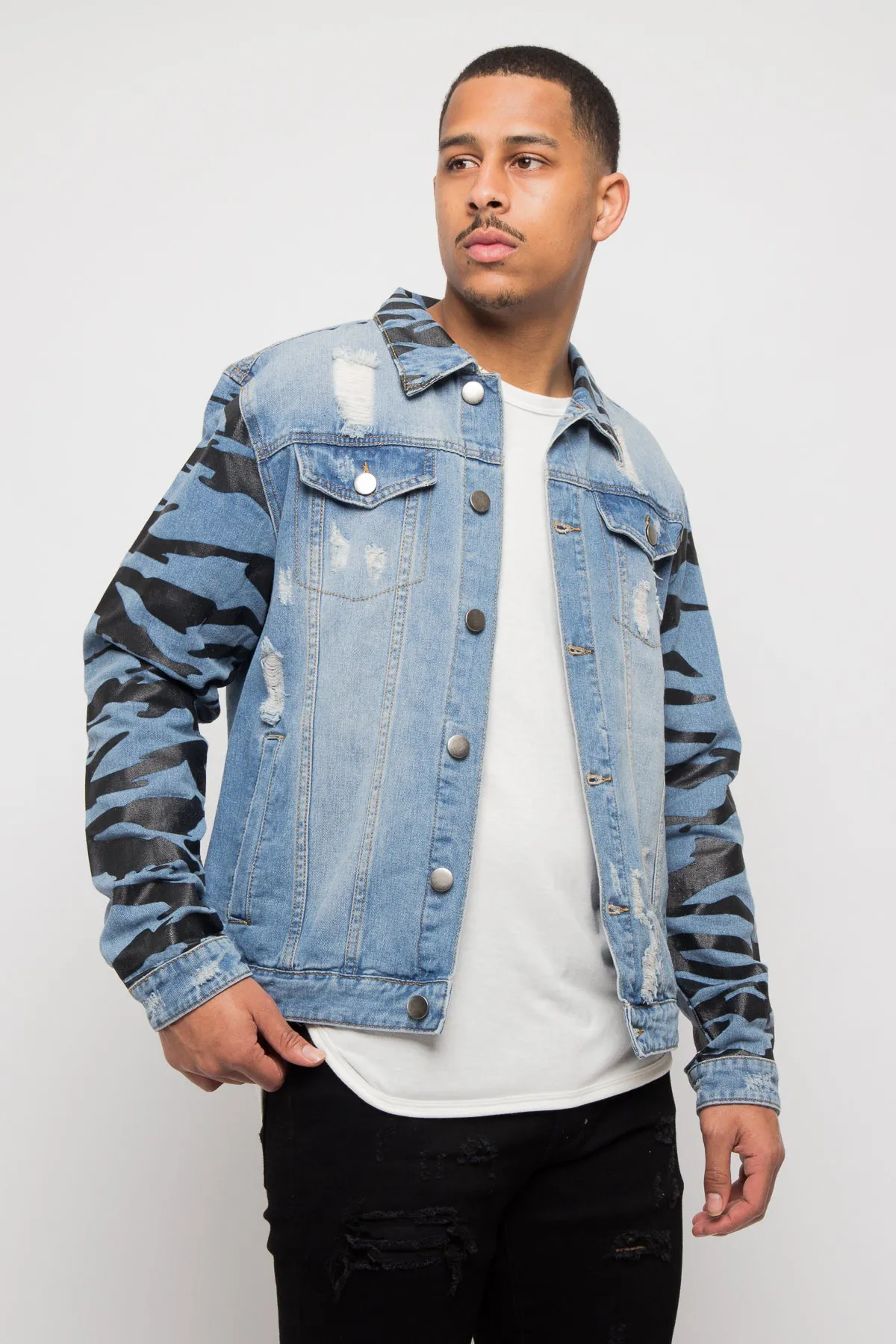 Tiger Striped Sleeve Denim Jacket