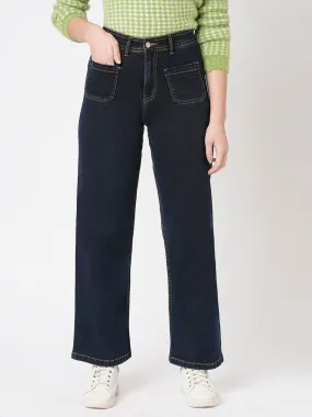 Women Dark Blue K711 High Marine Wide Leg Jeans