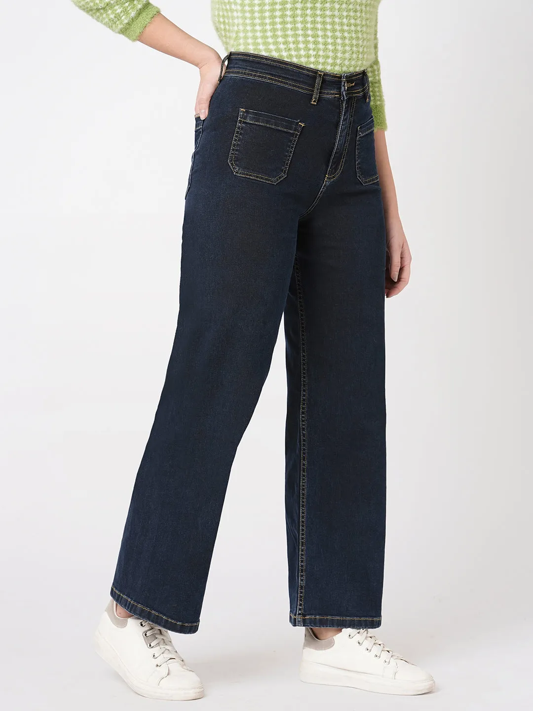 Women Dark Blue K711 High Marine Wide Leg Jeans