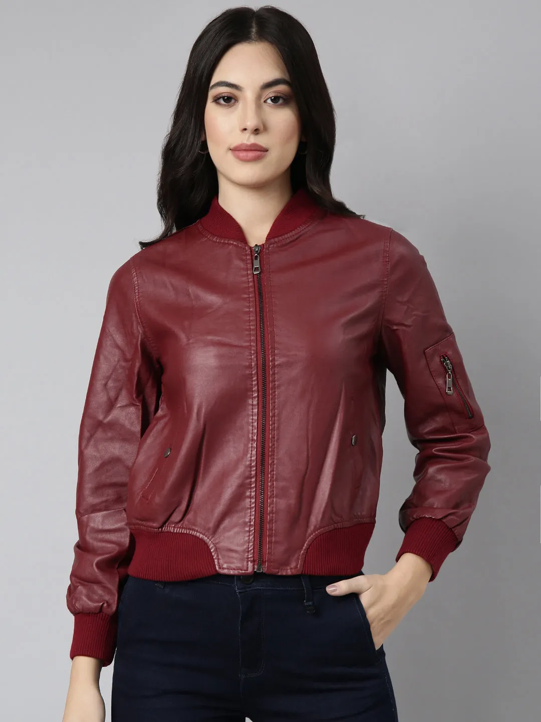 Women Solid Maroon Bomber Jacket