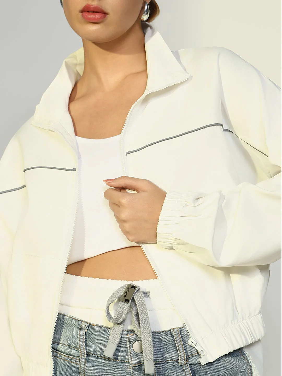 Women Solid White Bomber Jacket