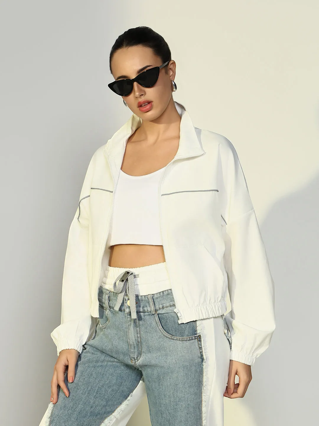 Women Solid White Bomber Jacket